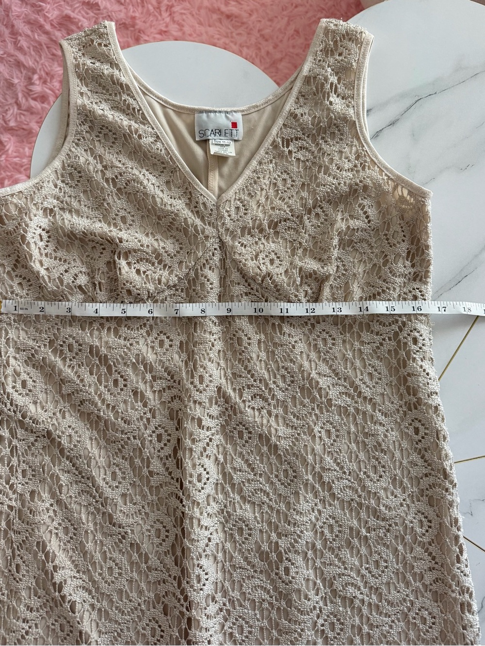 Scarlett Minimalist quiet luxury Crochet Lace Sleeveless Shift Dress in Beige - Picture 3 of 7